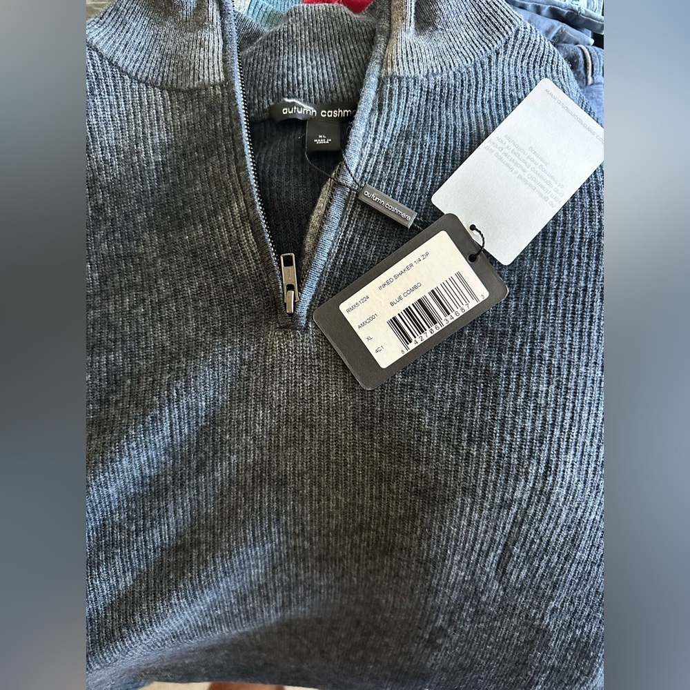 Stunning Men’s Autumn Cashmere XL 1/4 Zip Sweater in Inked Blue Shaker Cashmere